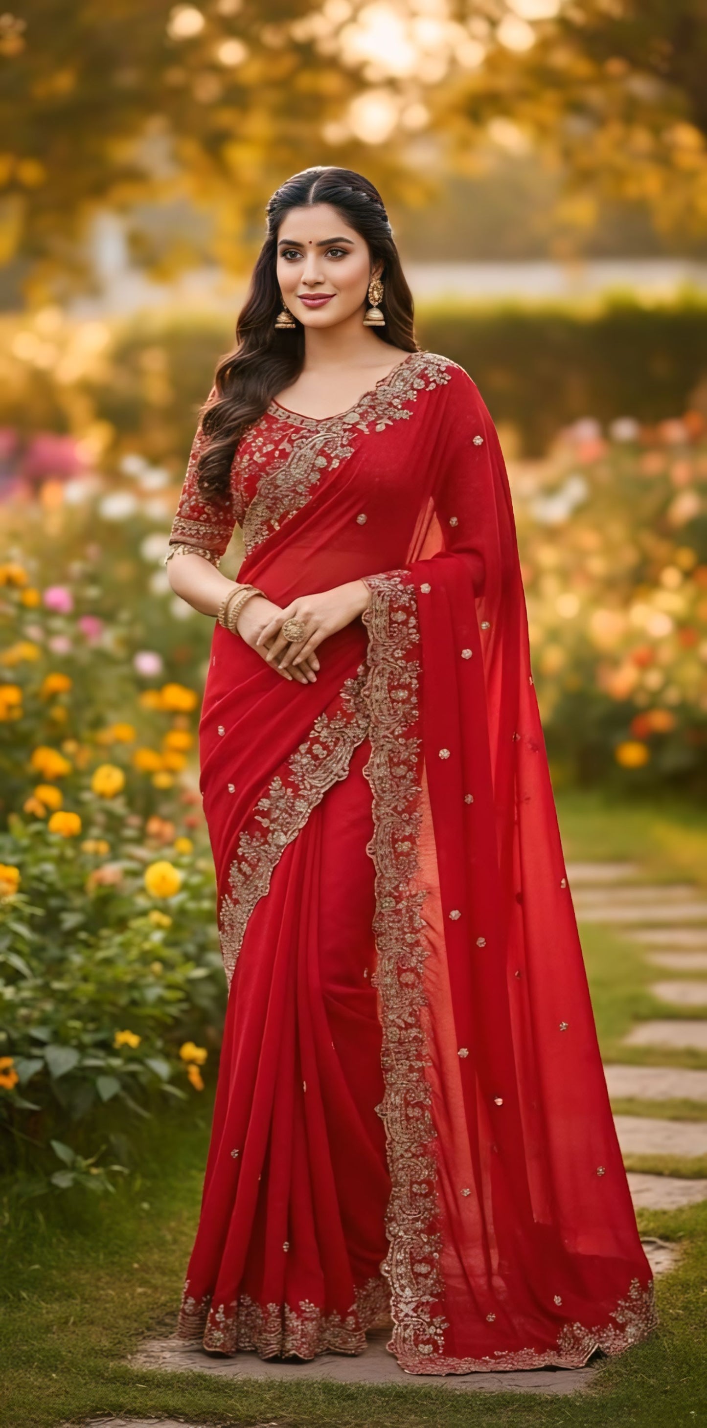 Women primium red embroidered saree