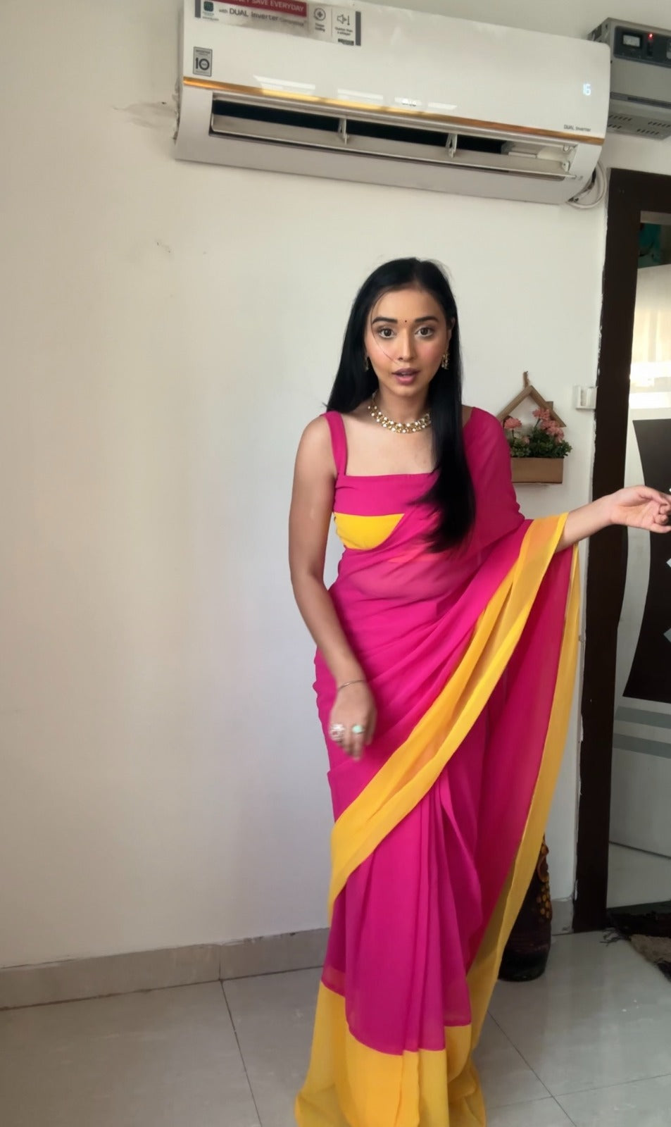 Pink & yellow georgette saree for women stylish party wear saare