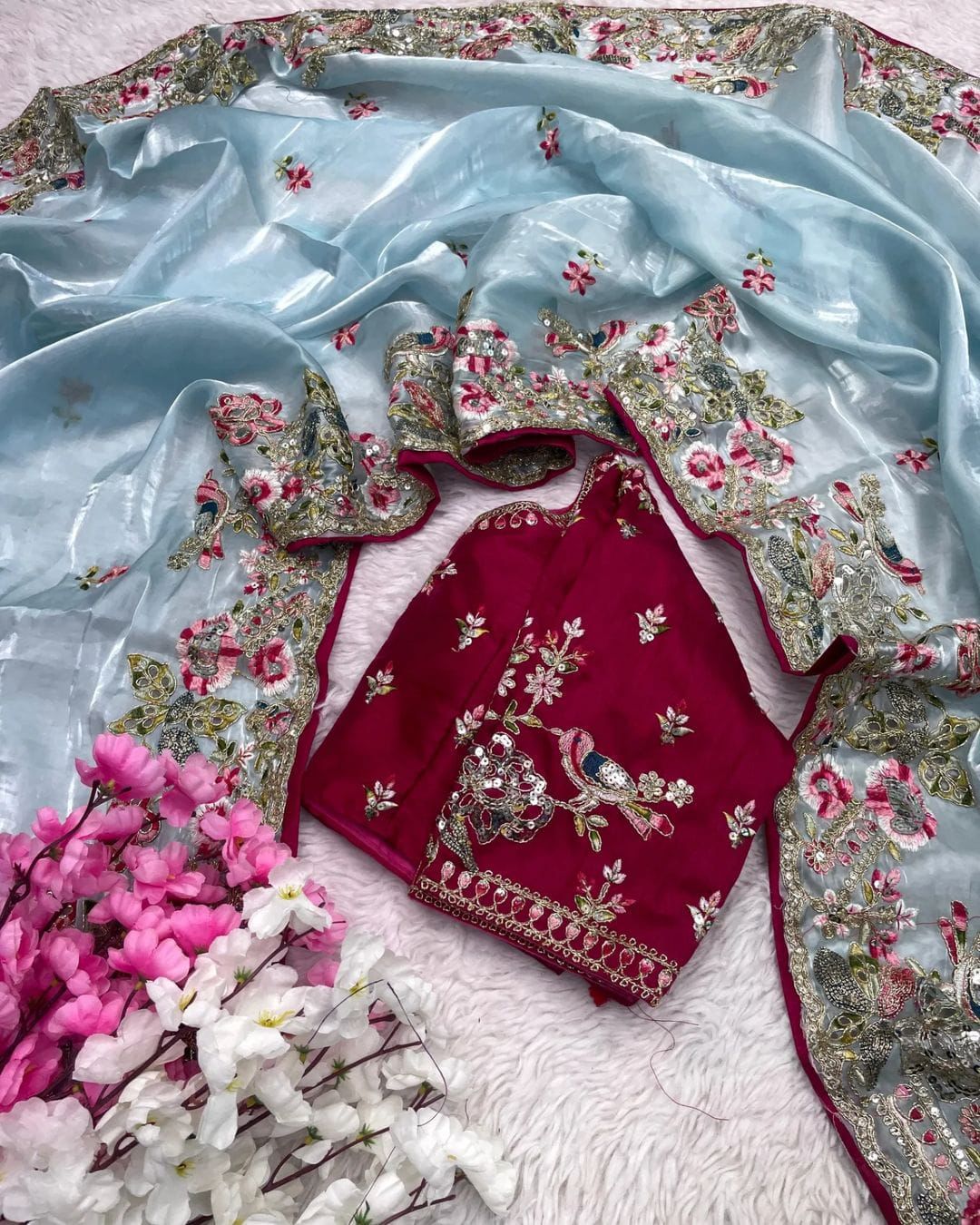 Embroidered organzan sky silk saree