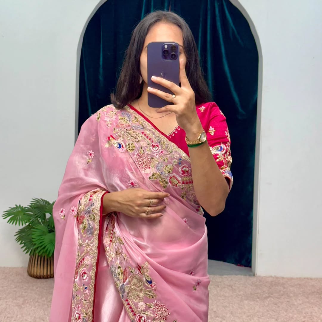 Embroidered organzan silk saree soft pink
