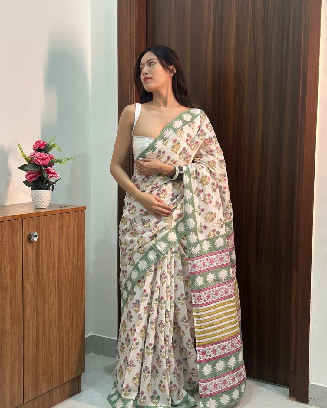 Printed cutton saree contrast mixed colour
