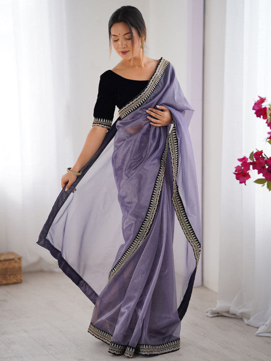 Elegant levender organza saree embroidered border