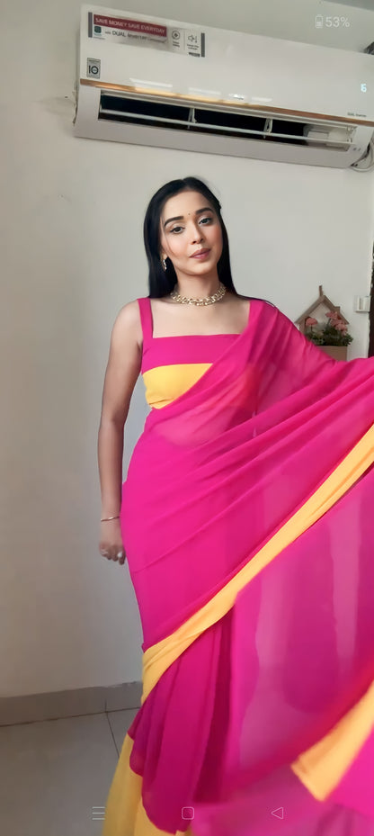 Pink & yellow georgette saree for women stylish party wear saare