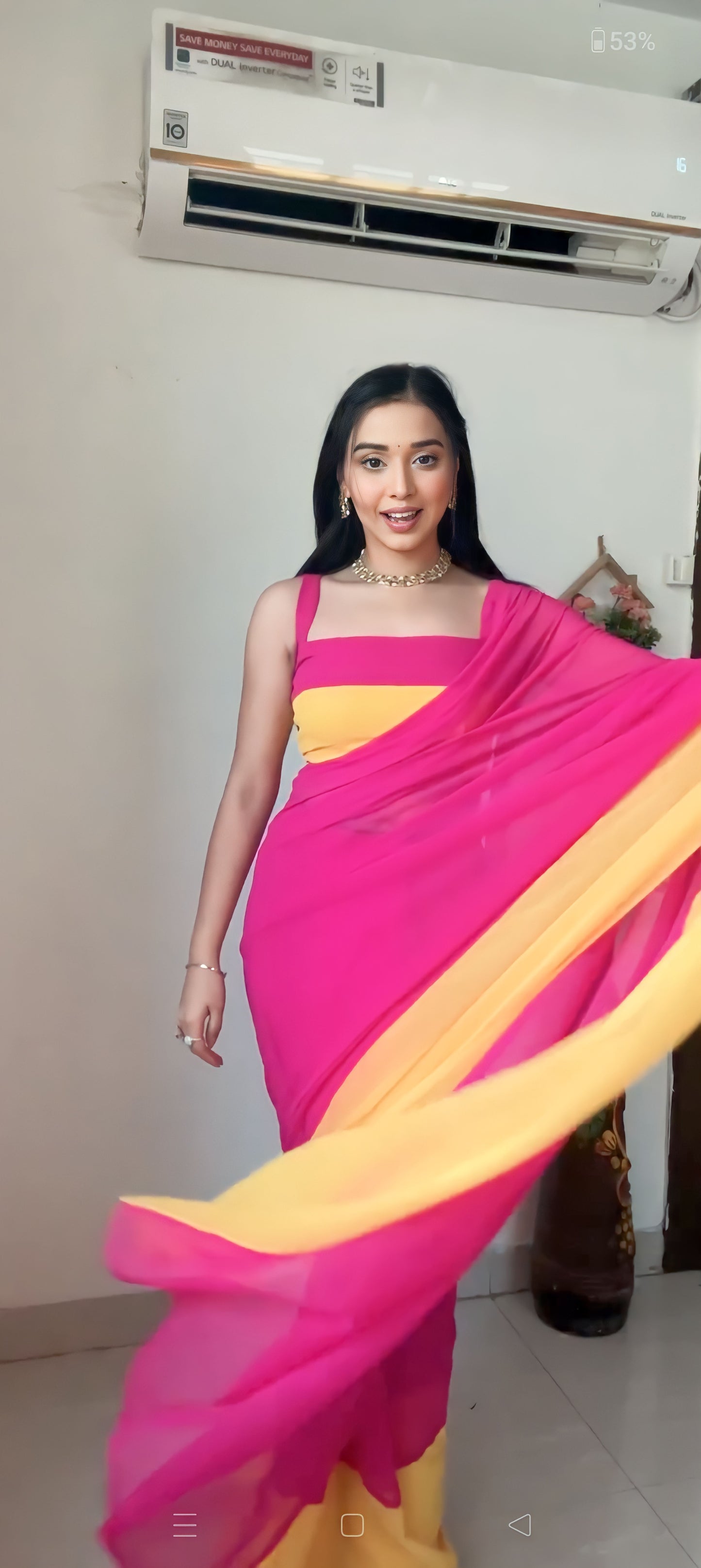 Pink & yellow georgette saree for women stylish party wear saare