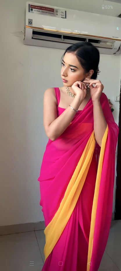 Pink & yellow georgette saree for women stylish party wear saare