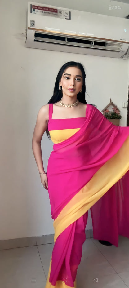 Pink & yellow georgette saree for women stylish party wear saare