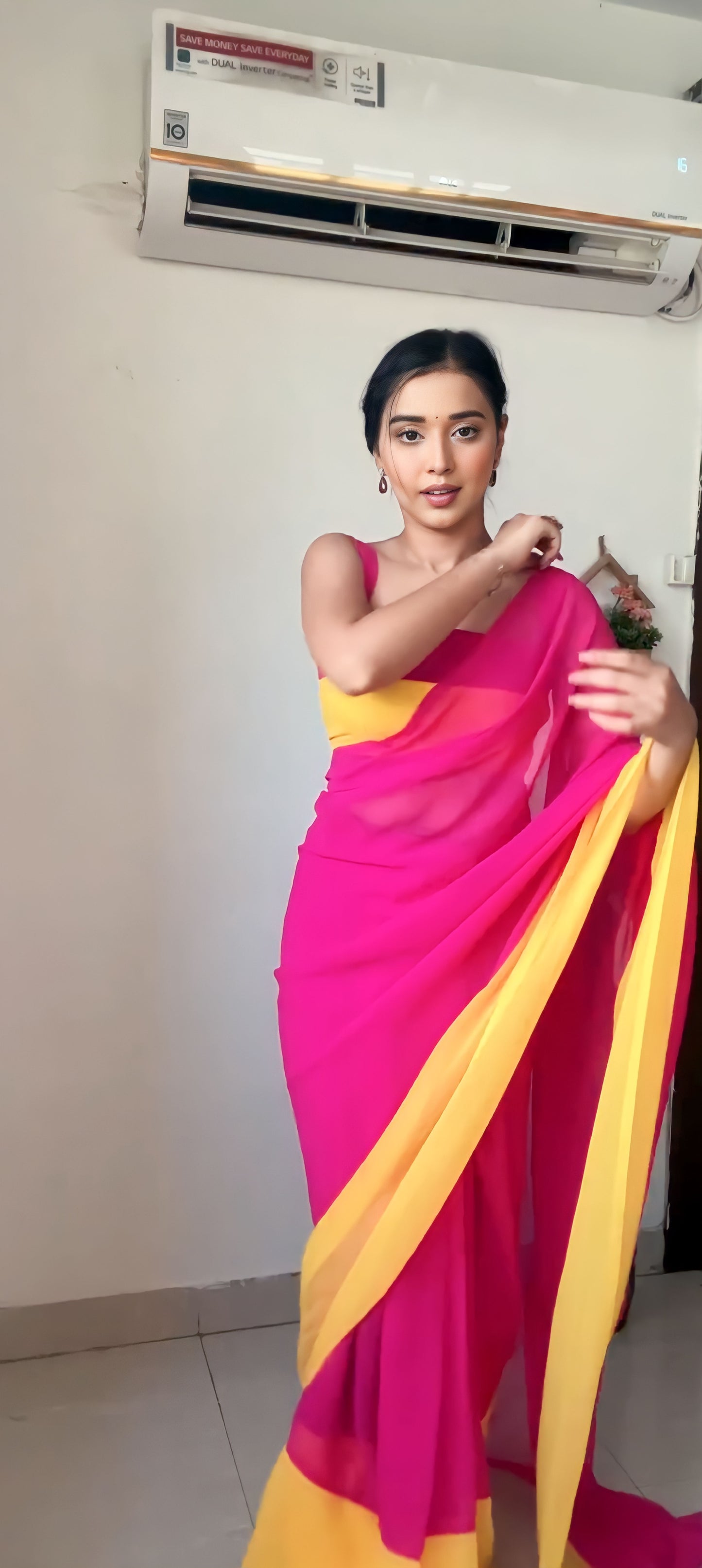 Pink & yellow georgette saree for women stylish party wear saare