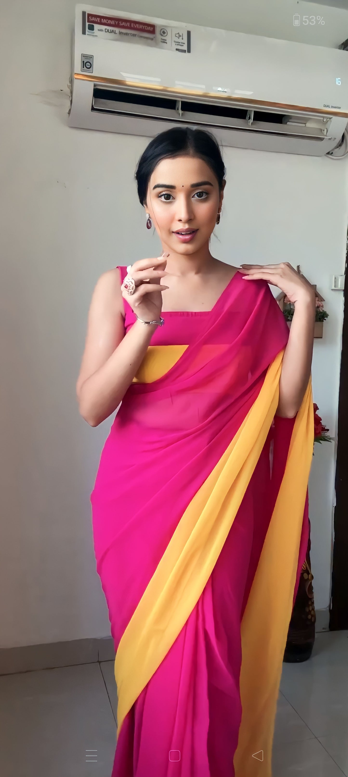 Pink & yellow georgette saree for women stylish party wear saare