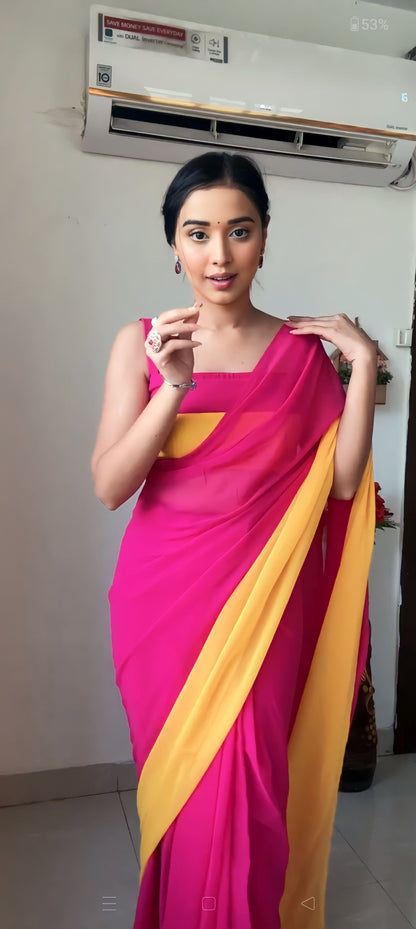 Pink & yellow georgette saree for women stylish party wear saare