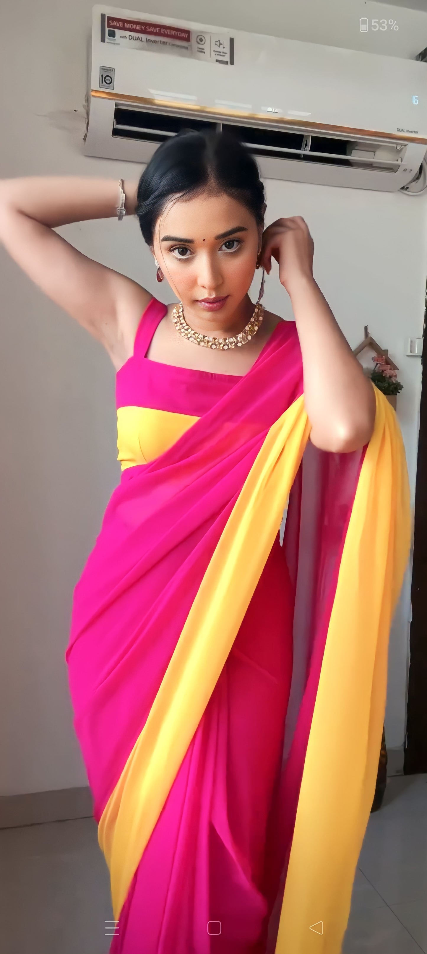 Pink & yellow georgette saree for women stylish party wear saare
