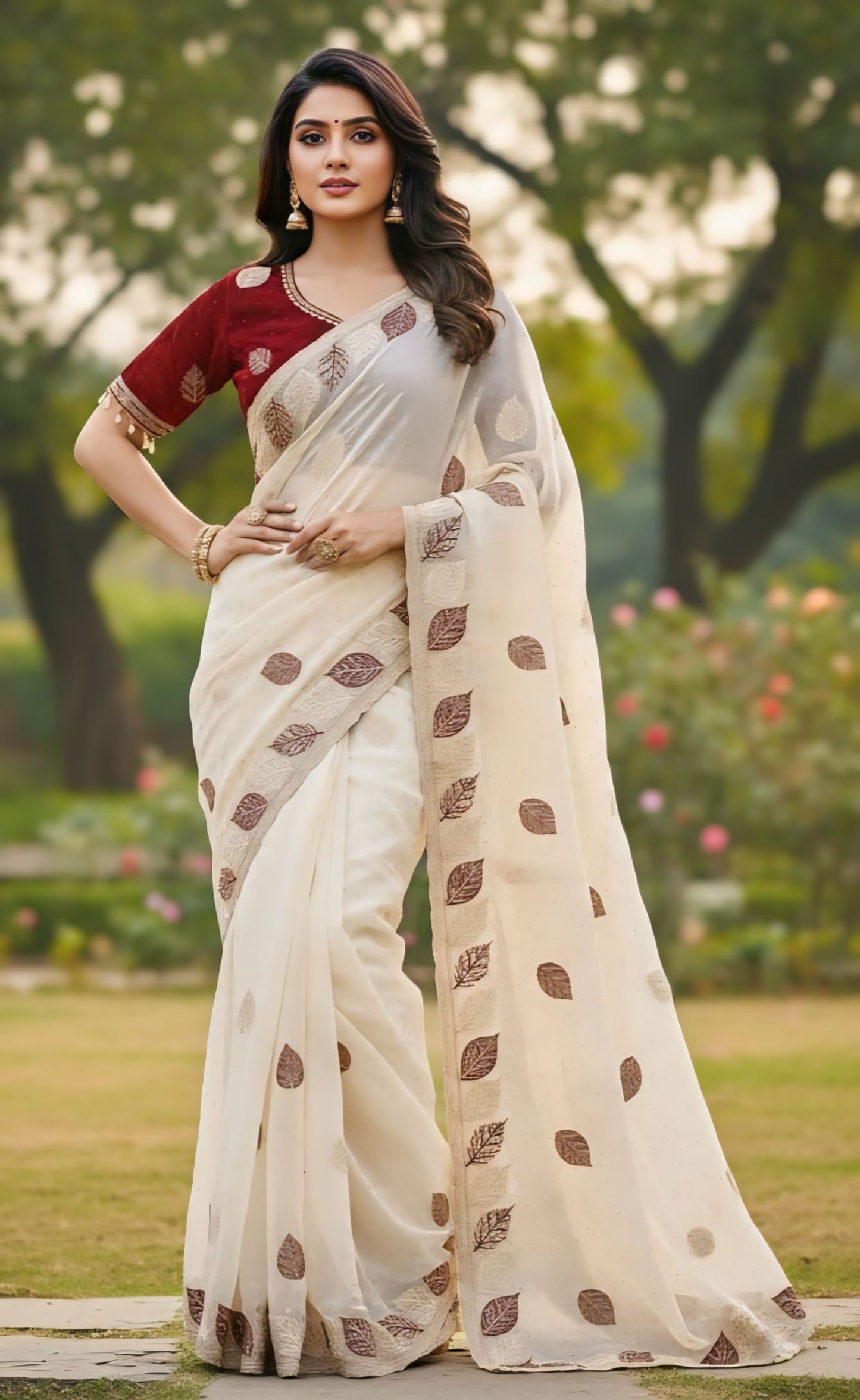 Elegant leaf print designer saree white