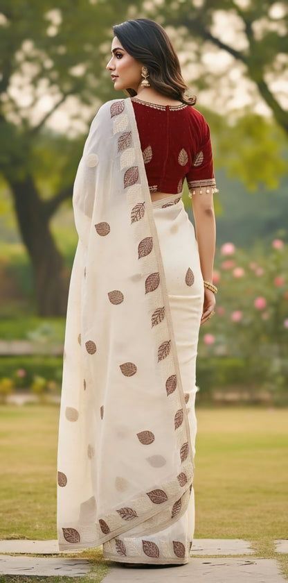 Elegant leaf print designer saree white