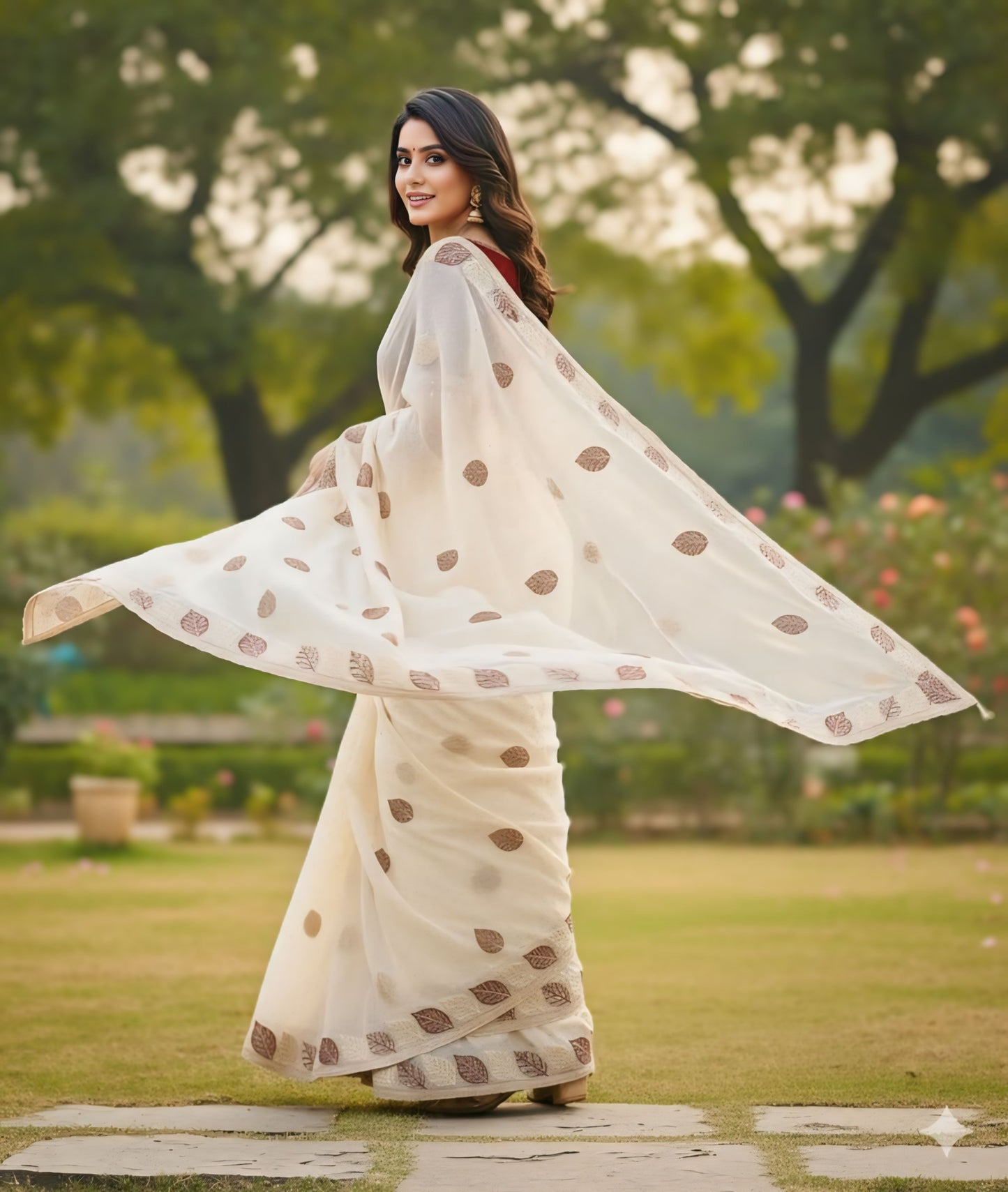 Elegant leaf print designer saree white