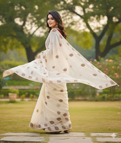 Elegant leaf print designer saree white