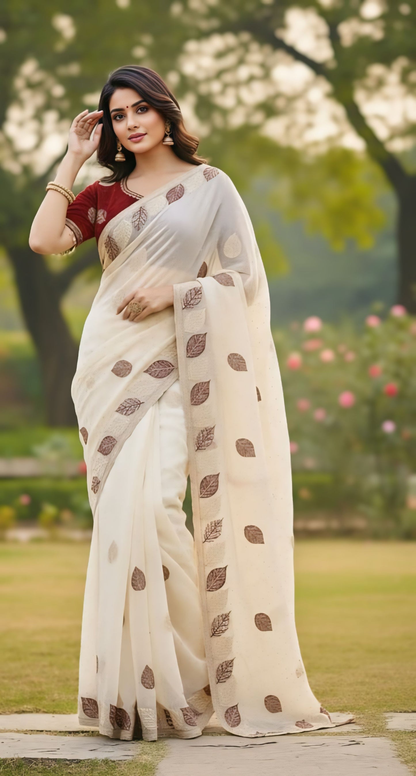 Elegant leaf print designer saree white