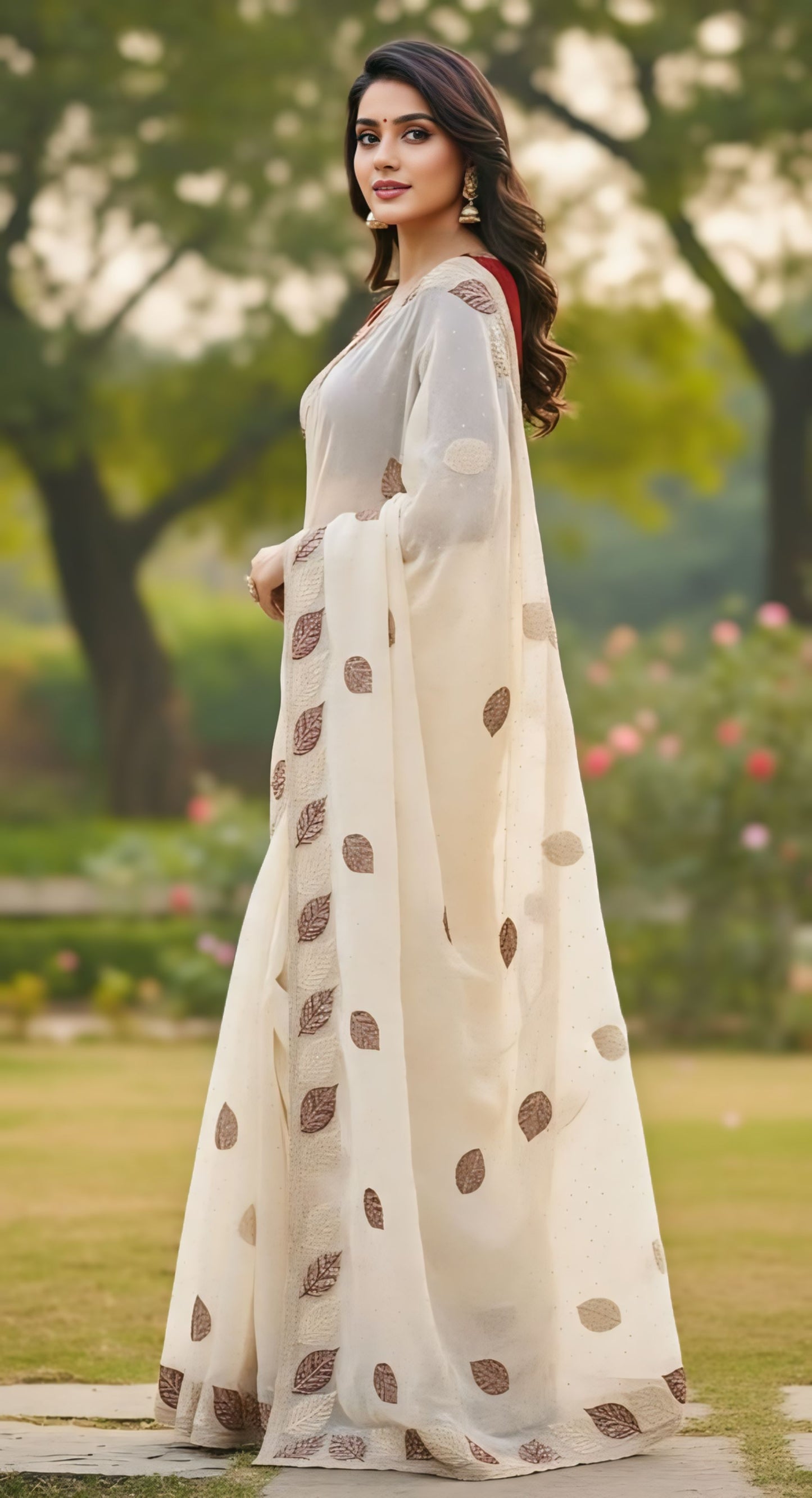 Elegant leaf print designer saree white