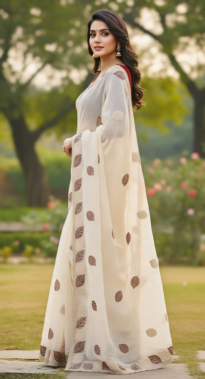 Elegant leaf print designer saree white