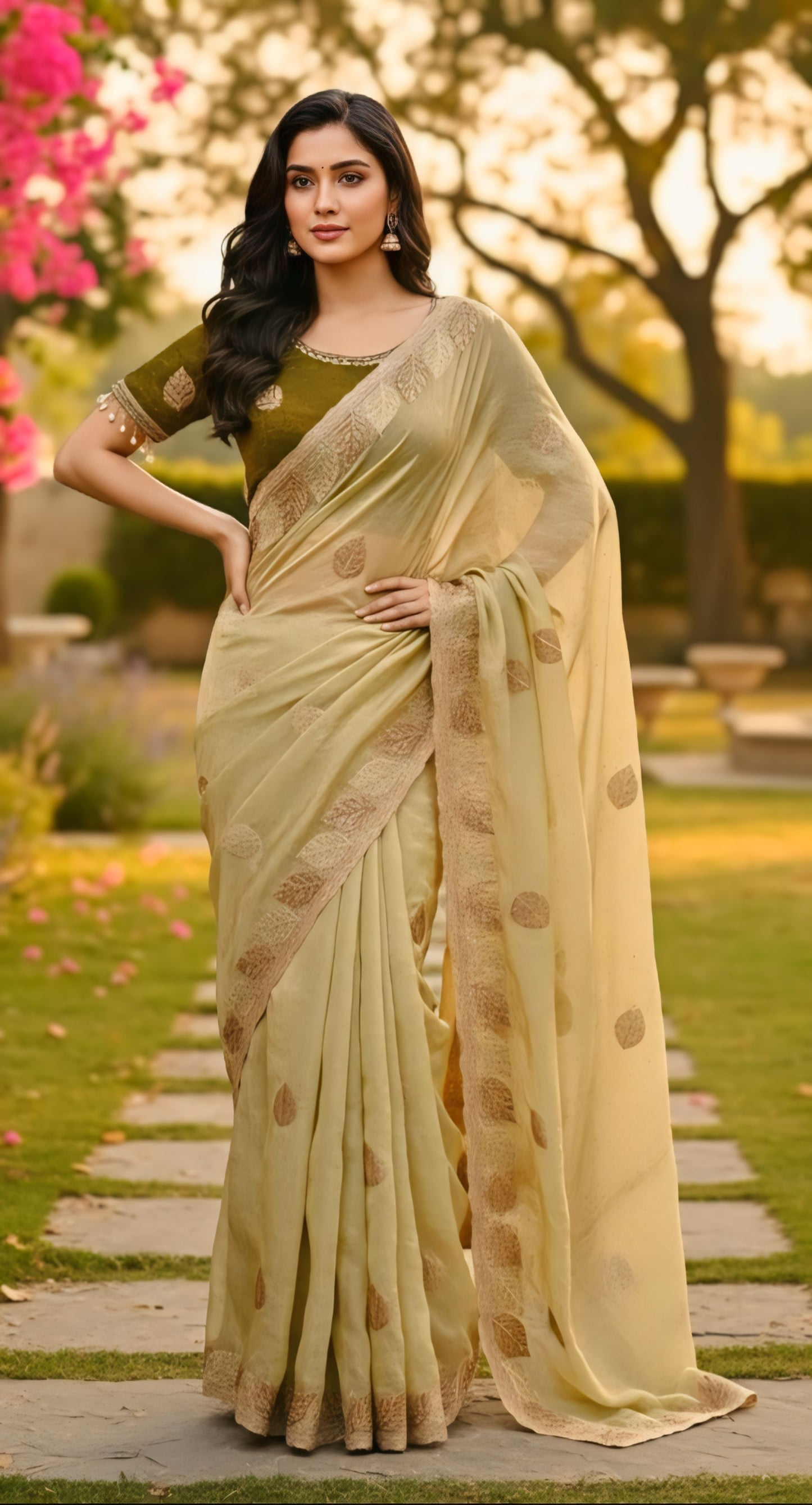 Elegant leaf print designer saree