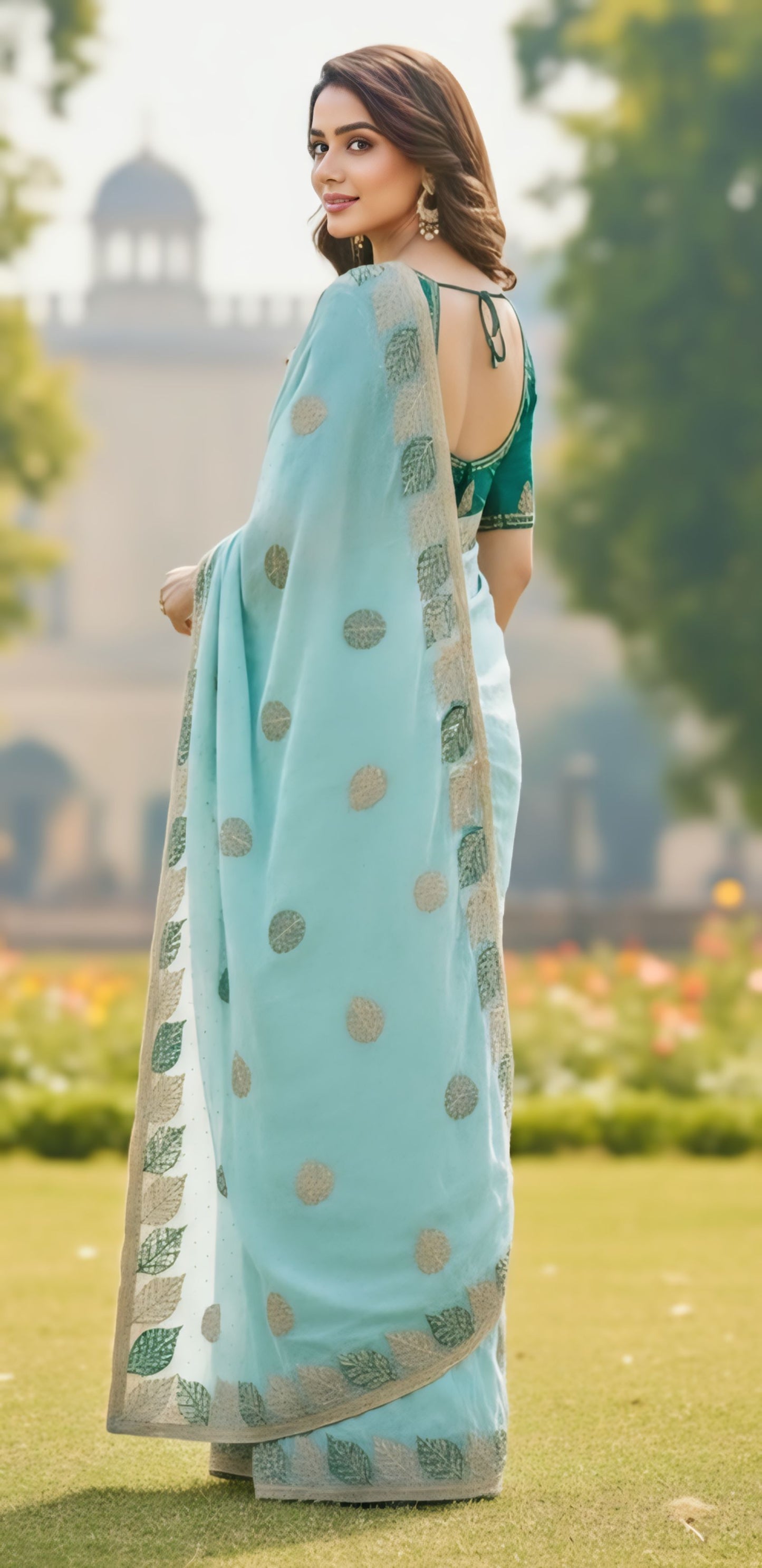 Elegant leaf print designer saree sky