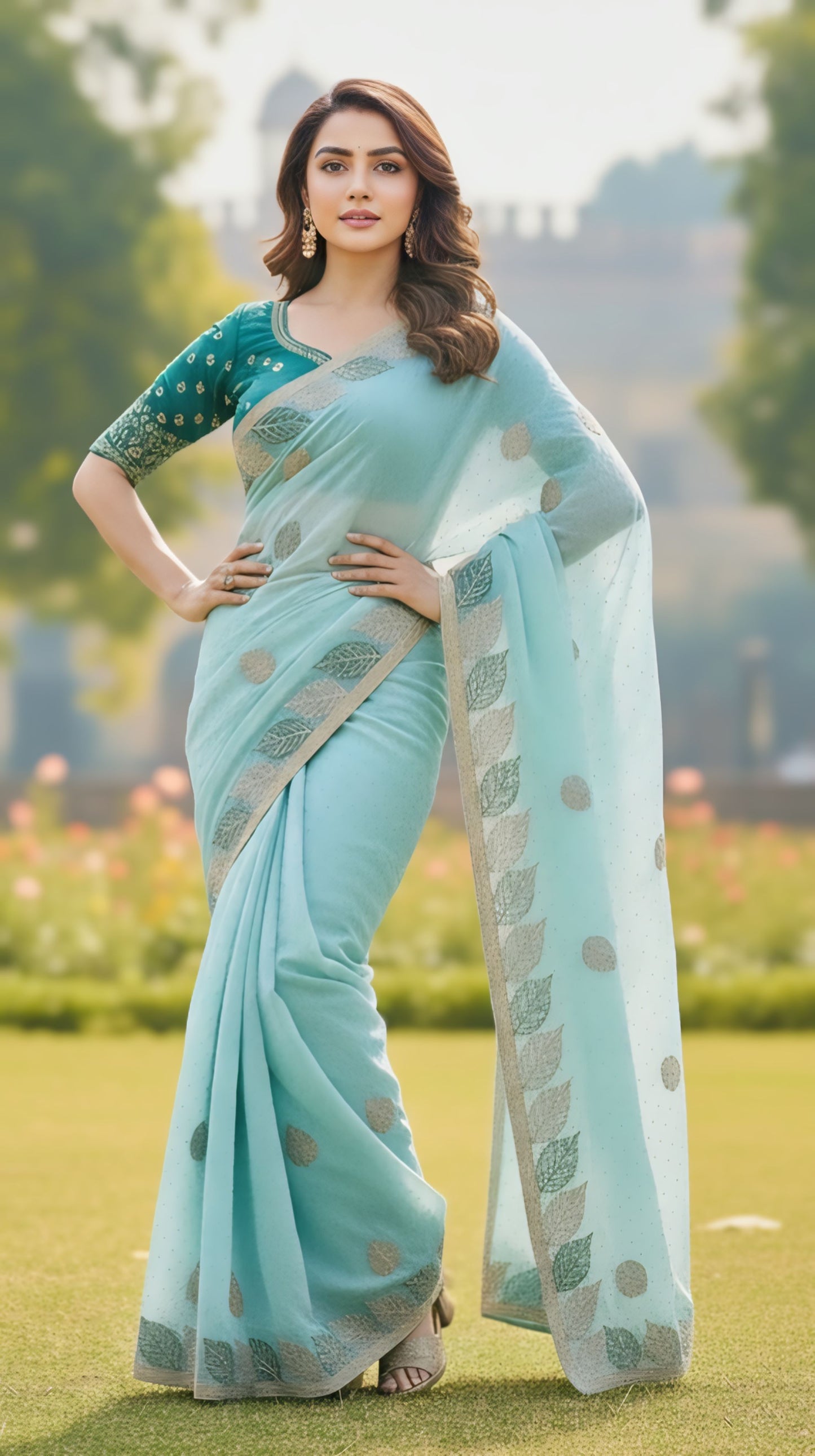 Elegant leaf print designer saree sky
