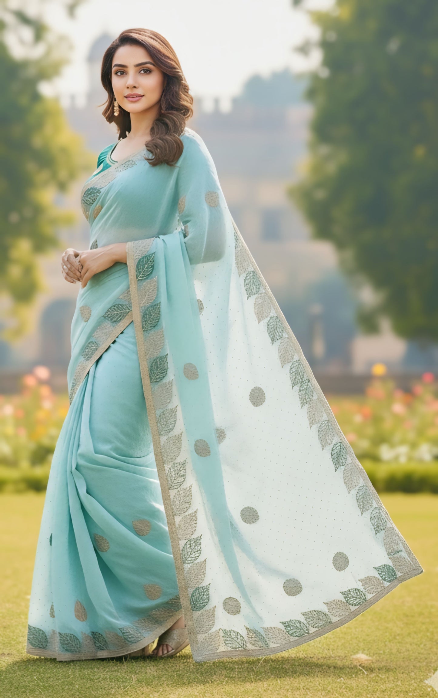 Elegant leaf print designer saree sky