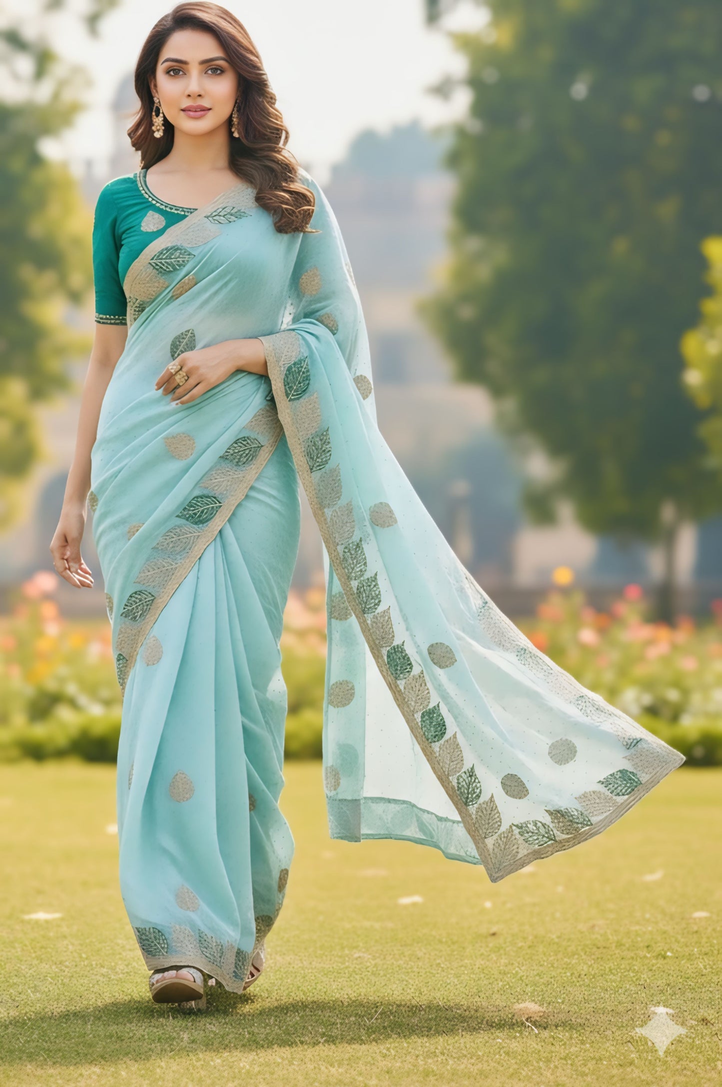 Elegant leaf print designer saree sky