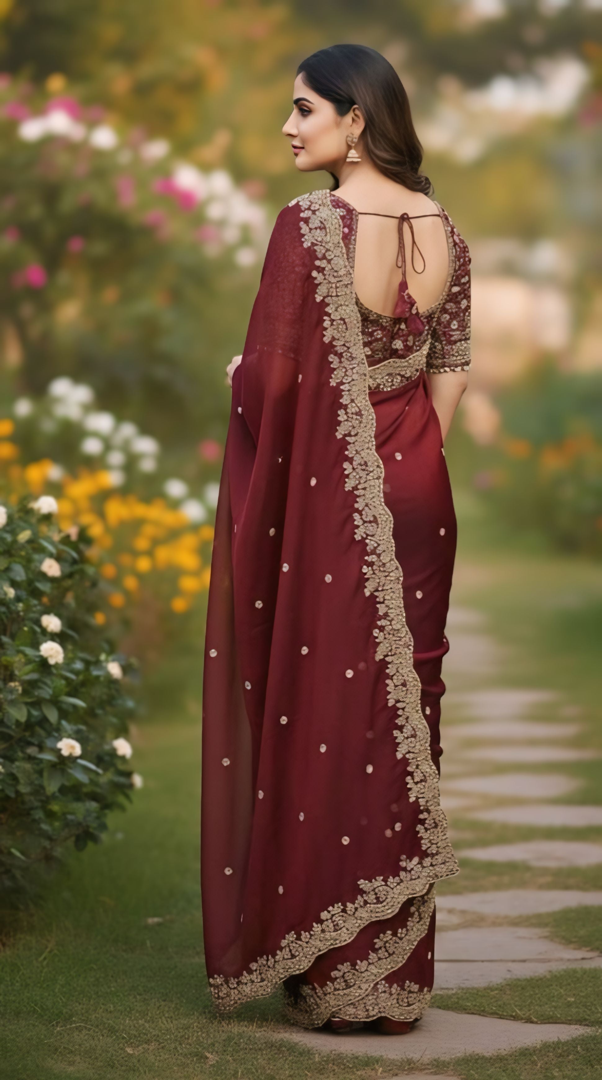 Women premium dark red embroidered saree