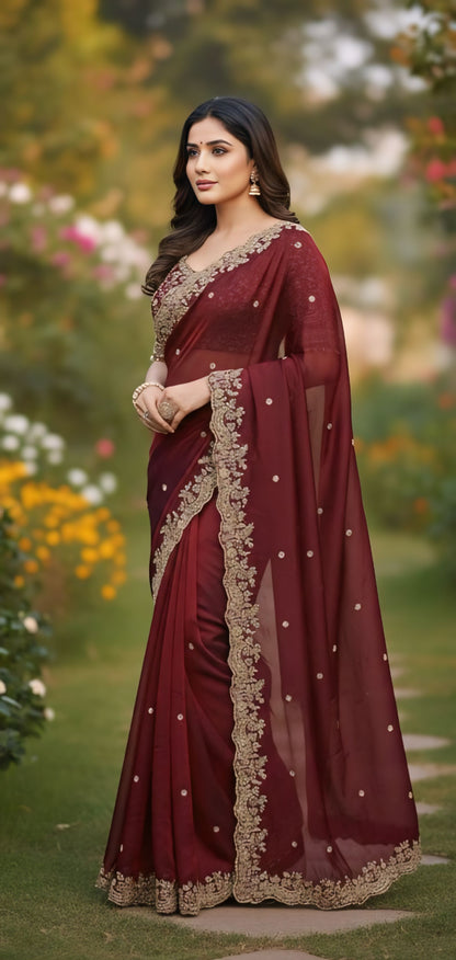 Women premium dark red embroidered saree
