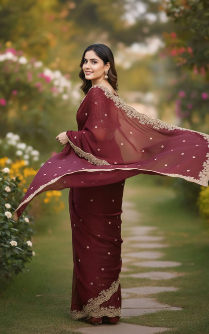 Women premium dark red embroidered saree