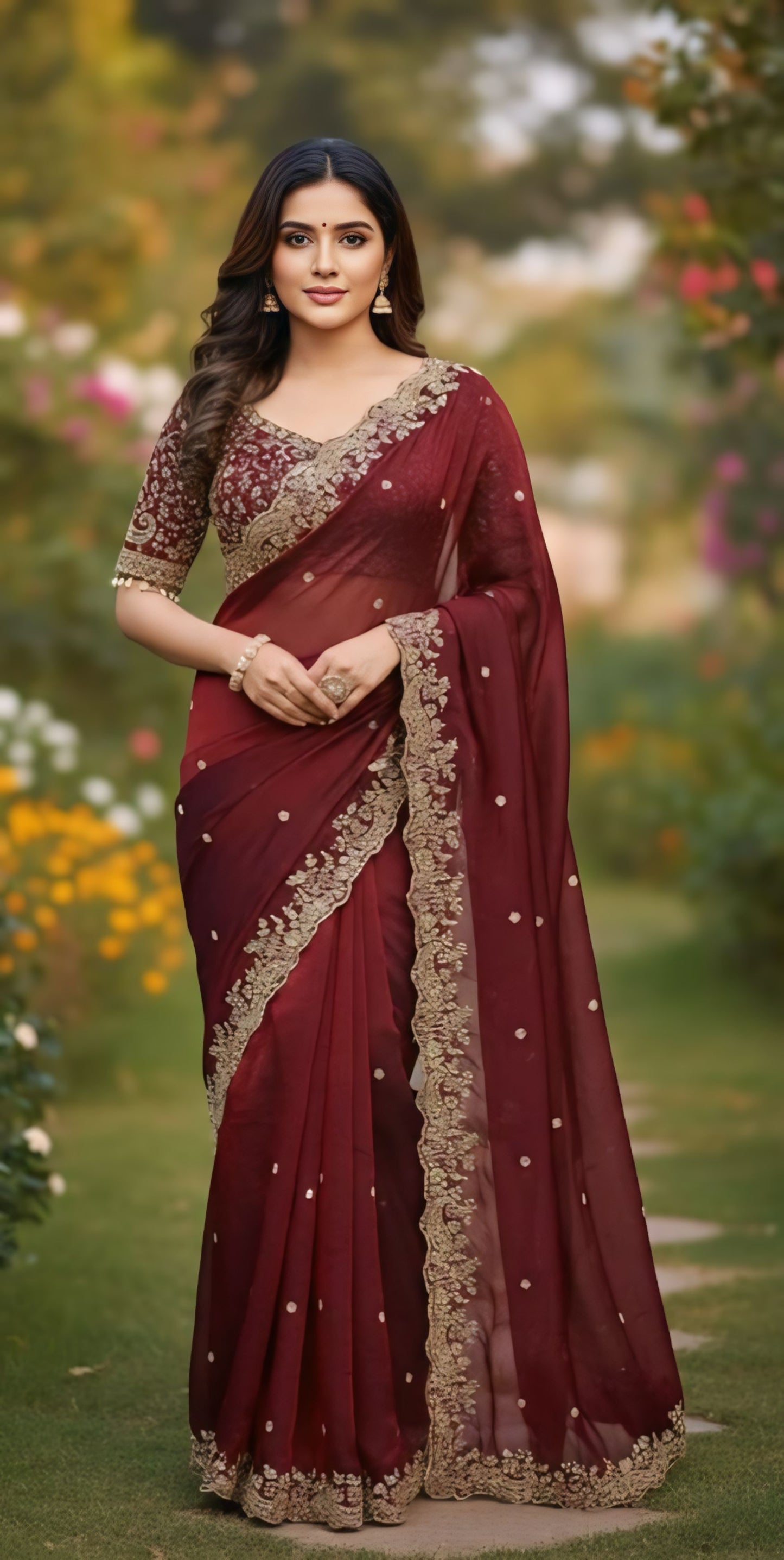 Women premium dark red embroidered saree
