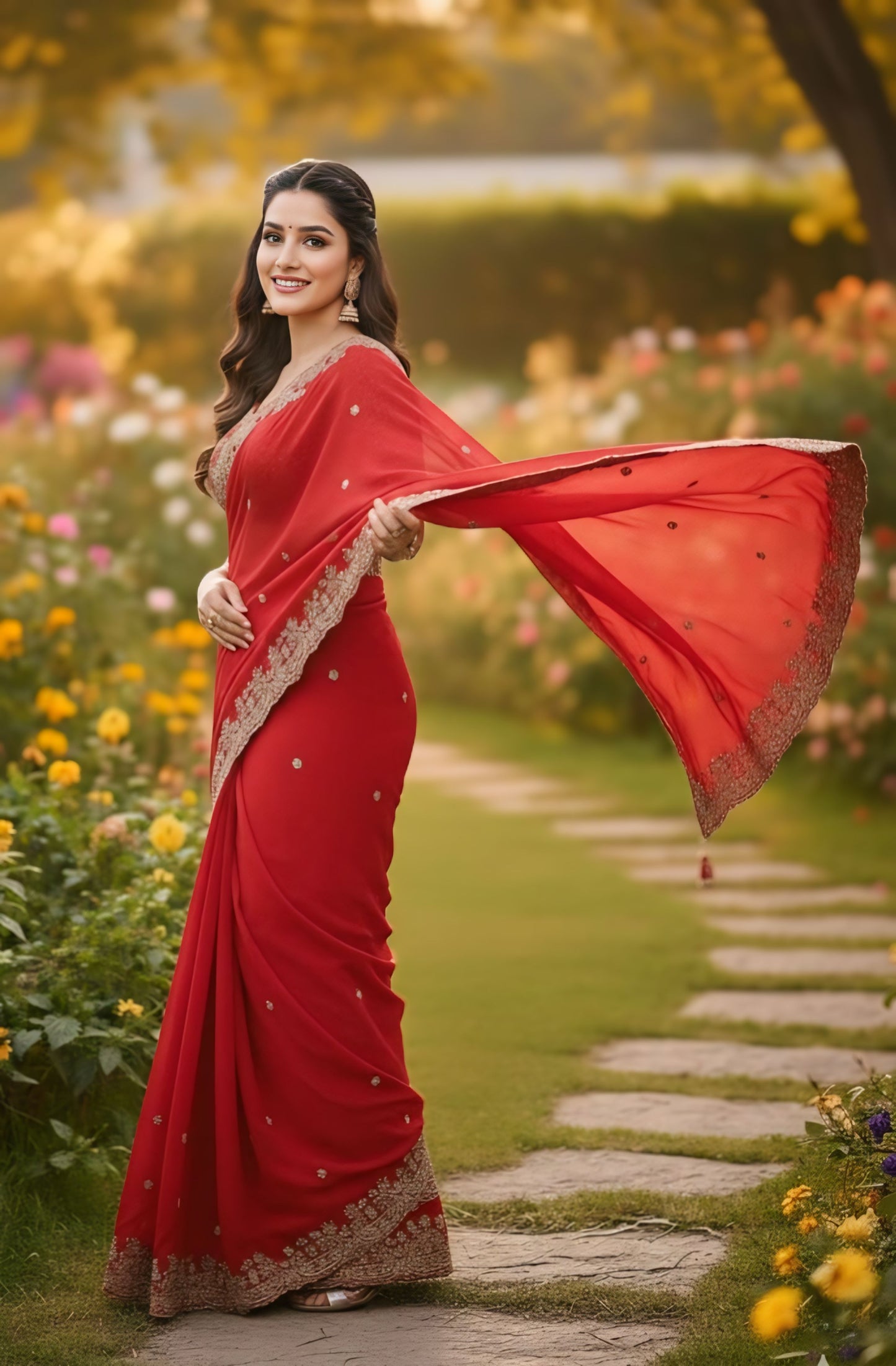 Women primium red embroidered saree
