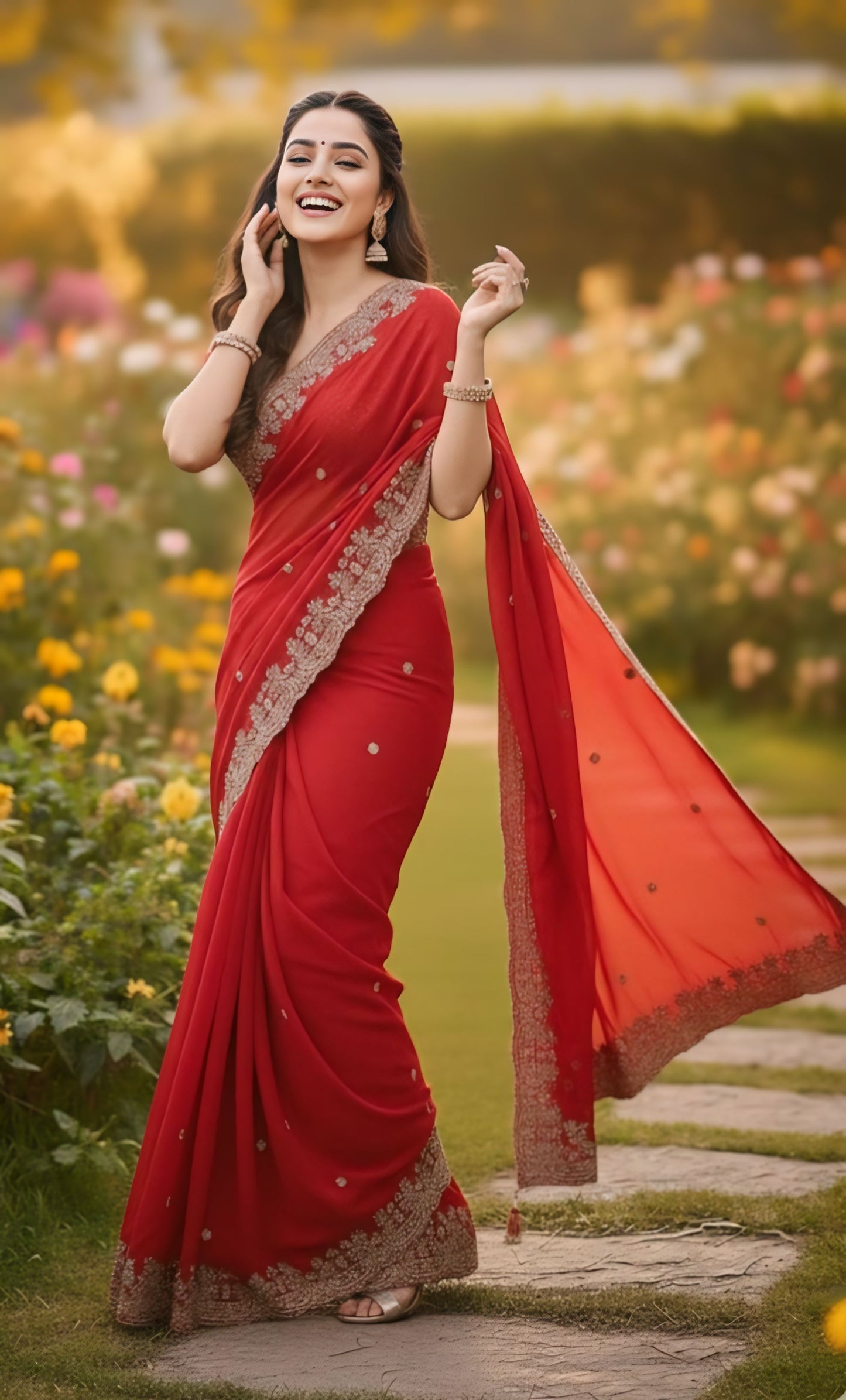 Women primium red embroidered saree