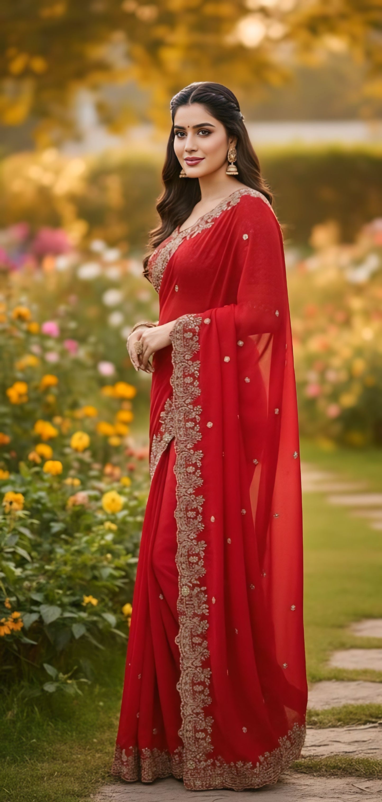 Women primium red embroidered saree