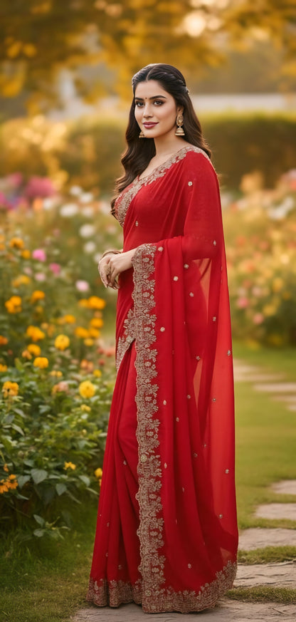 Women primium red embroidered saree