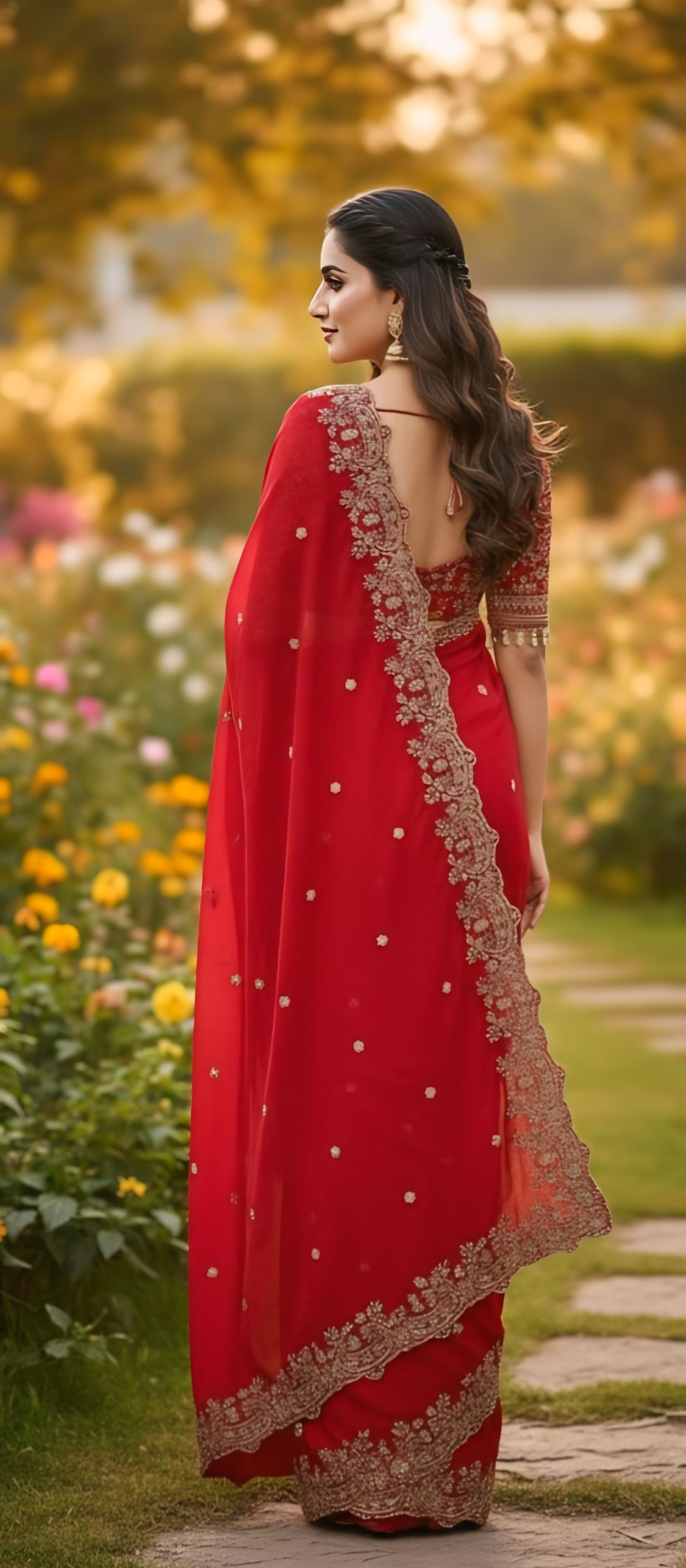 Women primium red embroidered saree