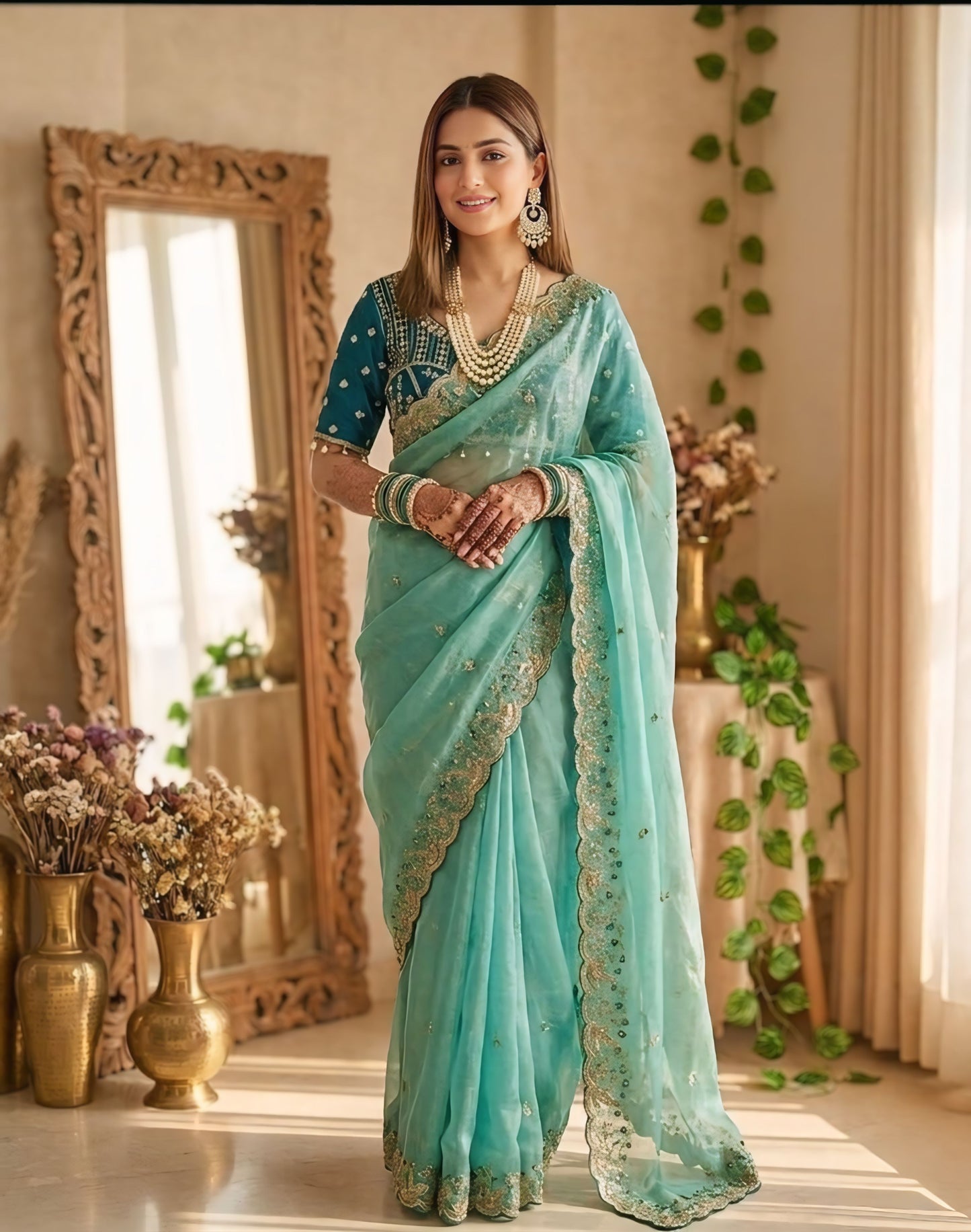 Women embroidered light green sky mixer saree