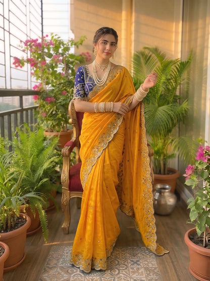 Women embroidered designer saree orange