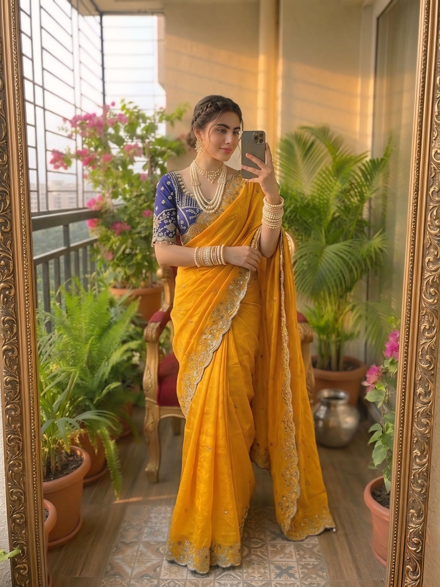Women embroidered designer saree orange