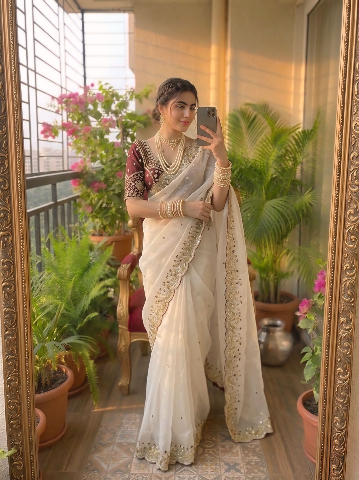 Cream embroidered designer saree