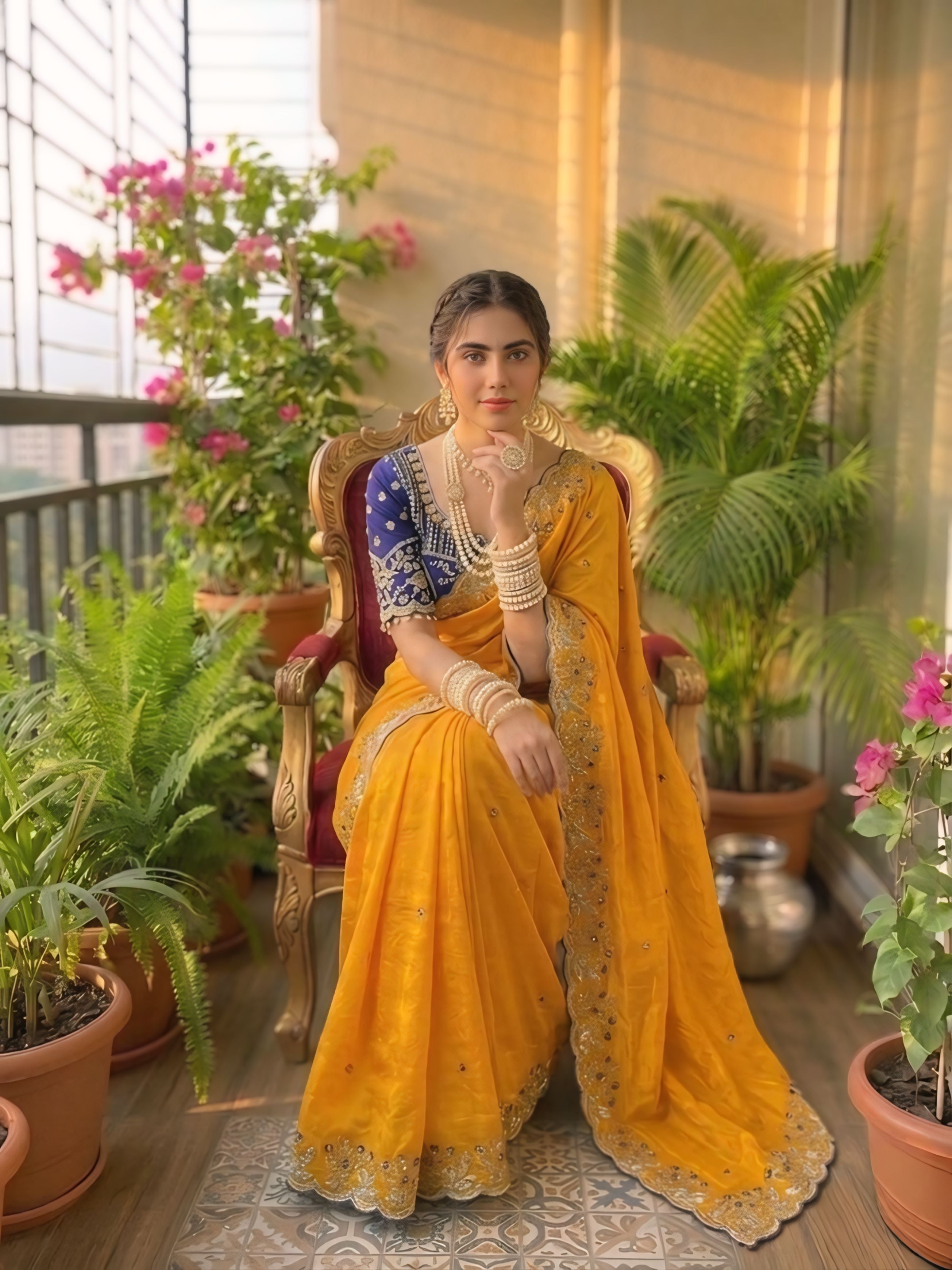 Women embroidered designer saree orange