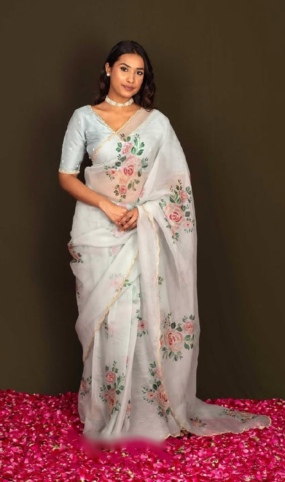 Fancy scalloped lace border design lightweight saree