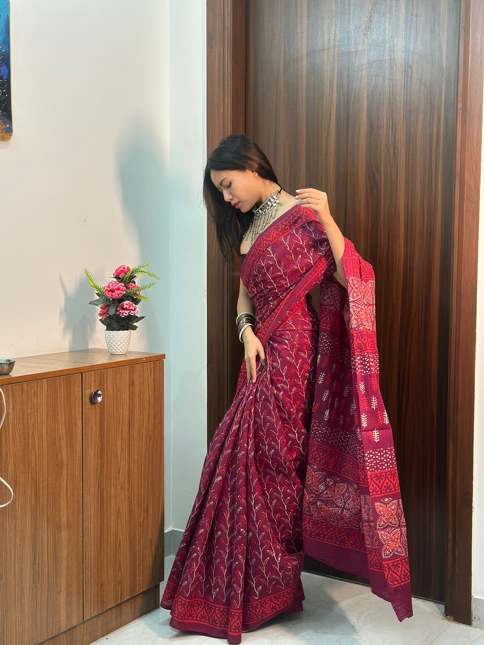 Printed cutton saree contrast  ♥️ red