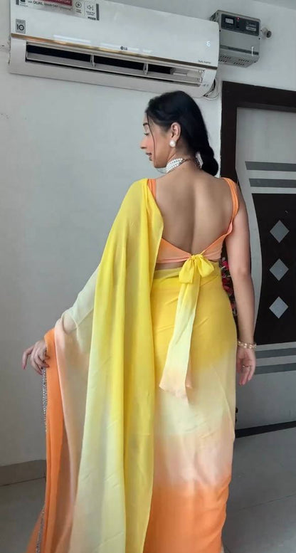 Yellow & orange gradient georgette saree