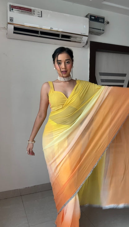 Yellow & orange gradient georgette saree