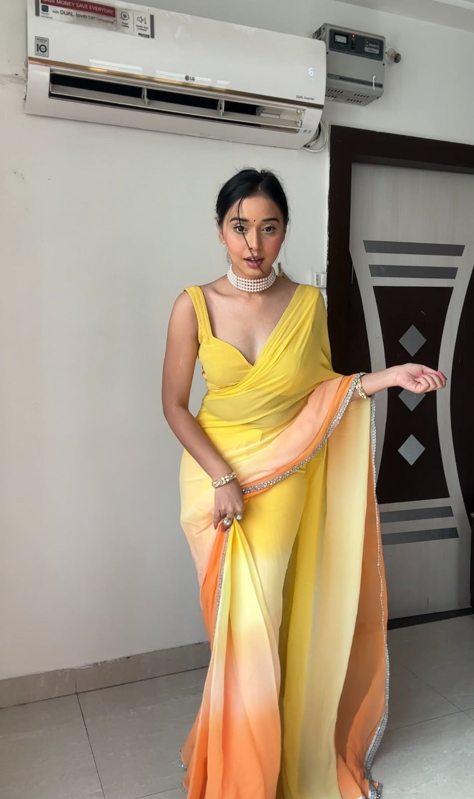 Yellow & orange gradient georgette saree