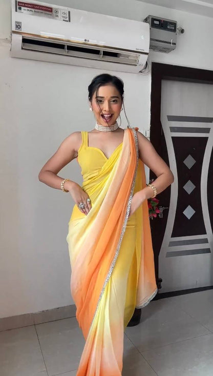 Yellow & orange gradient georgette saree