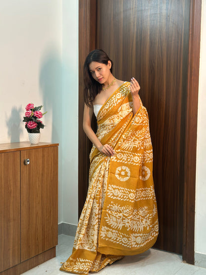 Printed cutton saree contrast yellow