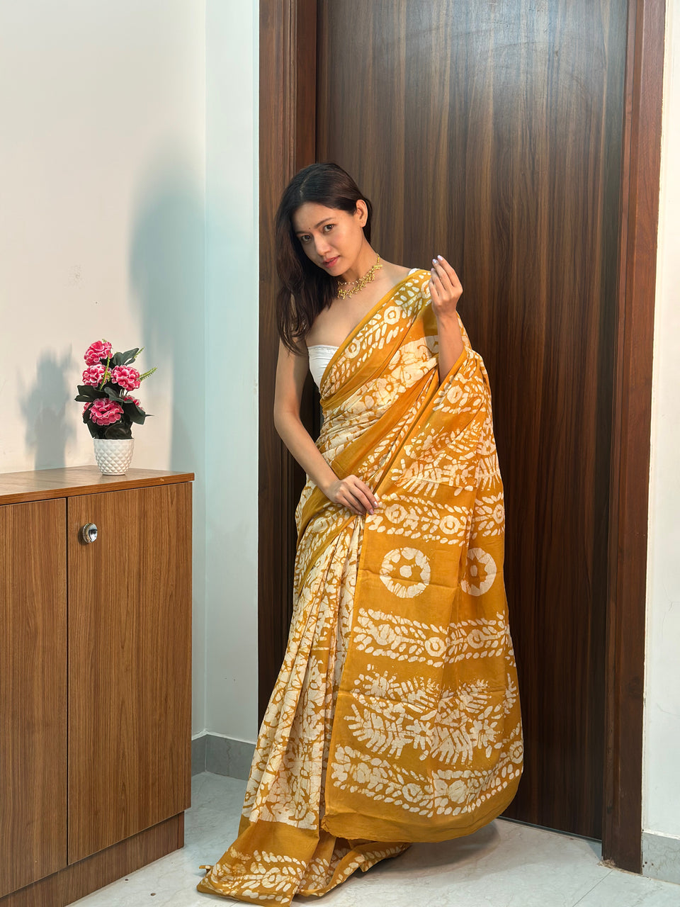 Printed cutton saree contrast yellow