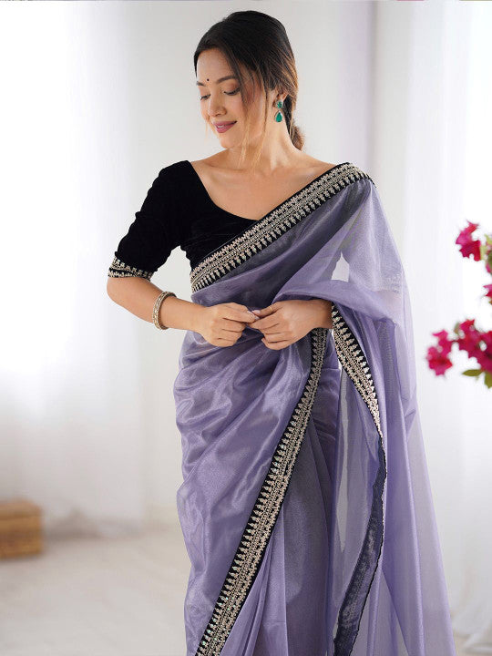 Elegant levender organza saree embroidered border