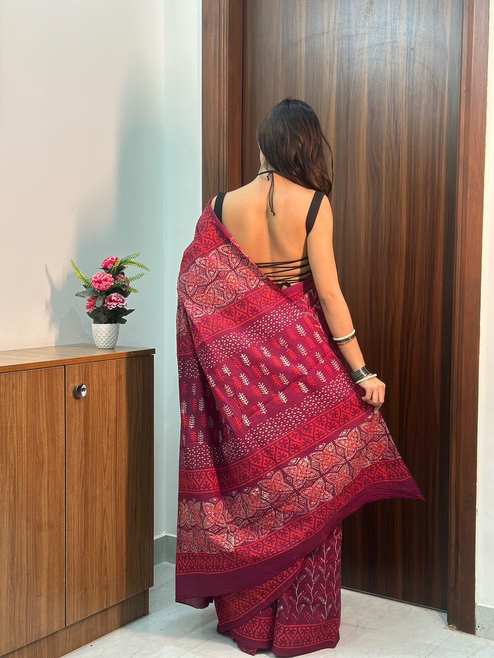 Printed cutton saree contrast  ♥️ red